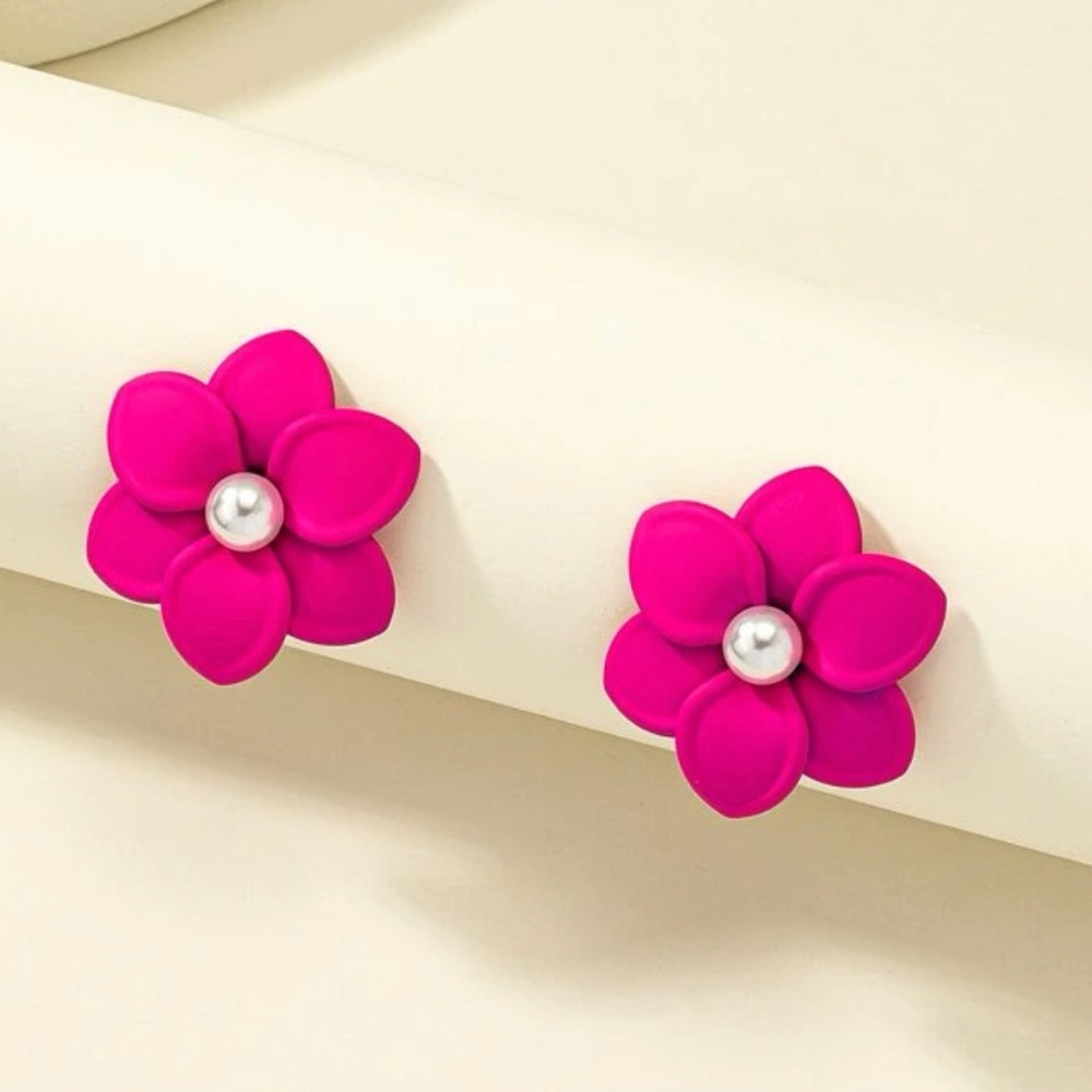 Faux Pearl Decor Flower Design Stud Earrings pink spring